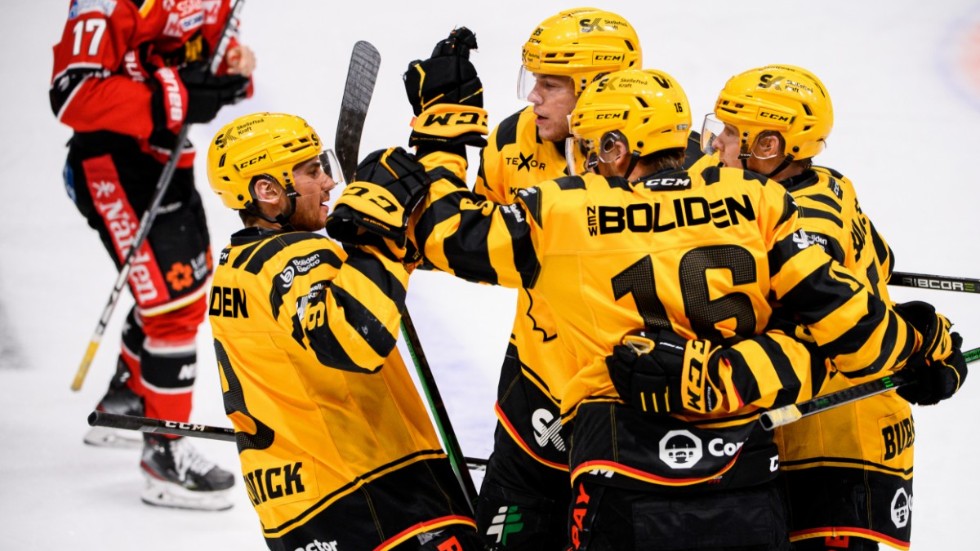 Linus Lindström gratuleras efter sitt kvitteringsmål i den andra perioden.