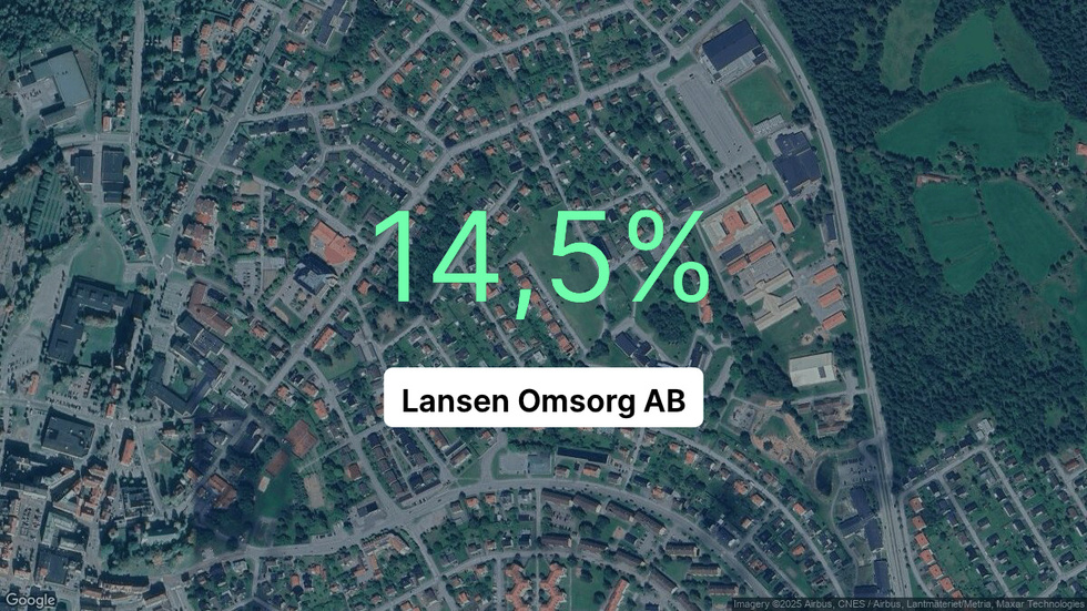 Illustrationen visar rörelsemarginalen för Lansen Omsorg för det senaste året. Bakgrunden är en satellitbild över företagets adress.