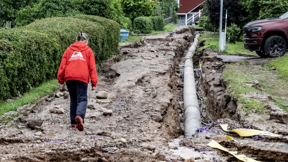 Bortspolad uppfart i Gärdebyn i Rättvik efter stormen Hans. Arkivbild.