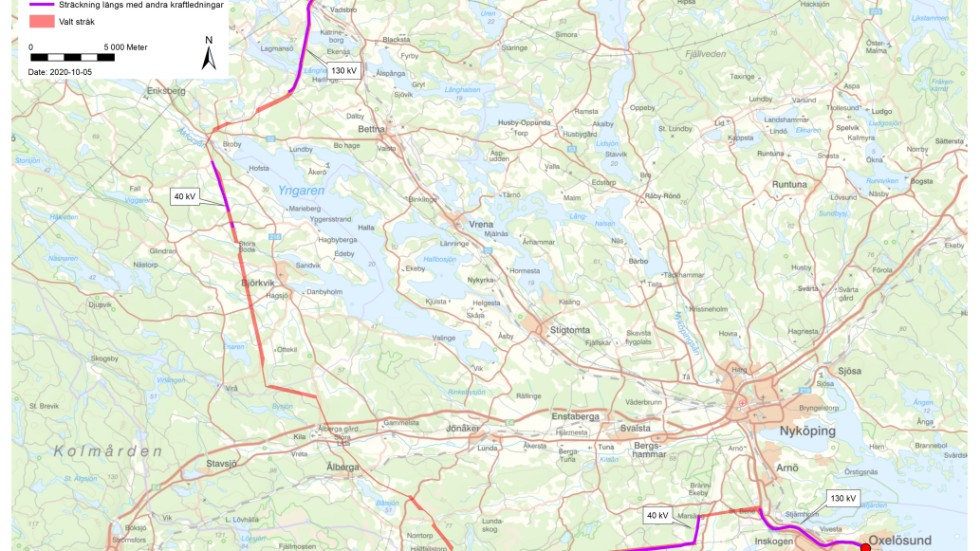 Här vill Vattenfall eldistribution dra den nya kraftledningen och nu har en ansökan skickats in. Större delen av ledningen blir i en helt ny kraftledningsgata, men de lila partierna är längs befintliga kraftledningar. 