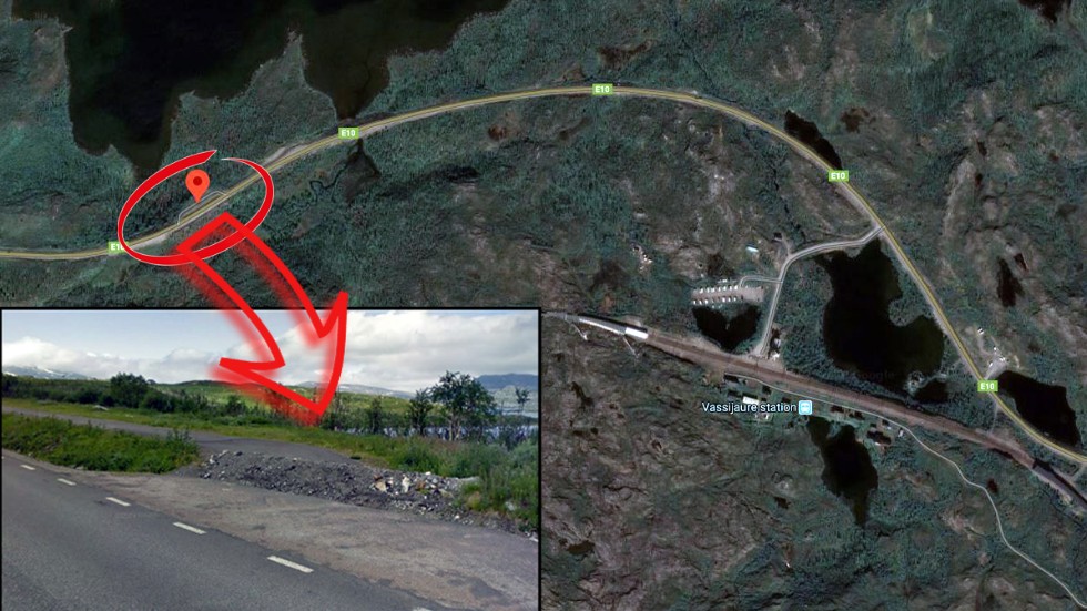 Den avgrävda parkeringen ligger vid på E10 nära sjön Vassijaure, en dryg kilometer från infarten till tågstationen.