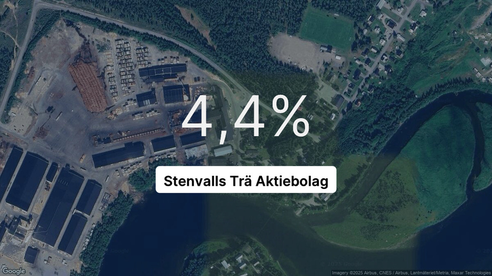 Illustrationen visar rörelsemarginalen för Stenvalls Trä för det senaste året. Bakgrunden är en satellitbild över företagets adress.
