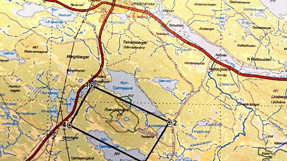 Karta över Routevare och området som gruvbolaget vill undersöka.