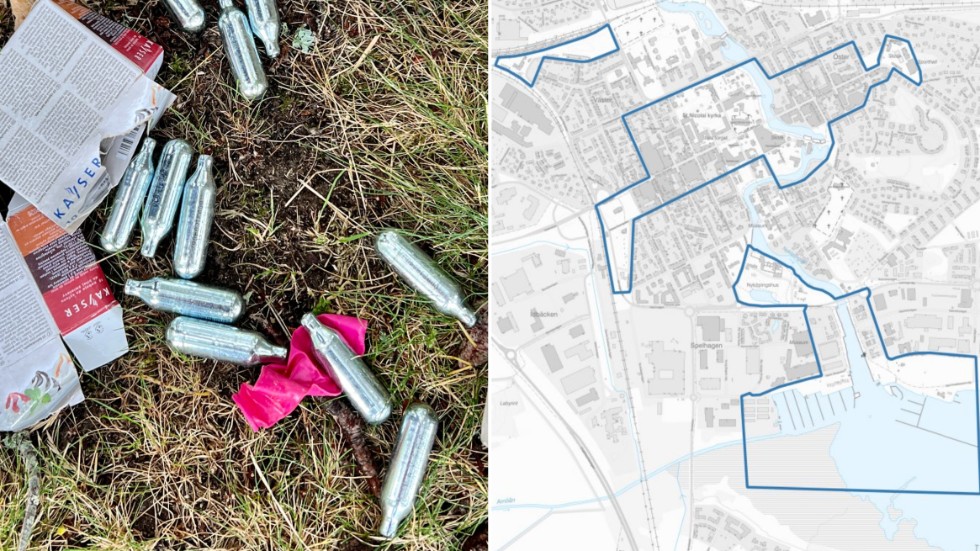 Nu gör Nyköpings kommun ett nytt försök att stoppa lustgasen i Nyköping. I förslaget till nya ordningsföreskrifter blir det förbjudet att förtära gasen i delar av staden (markerat med blått på kartan).