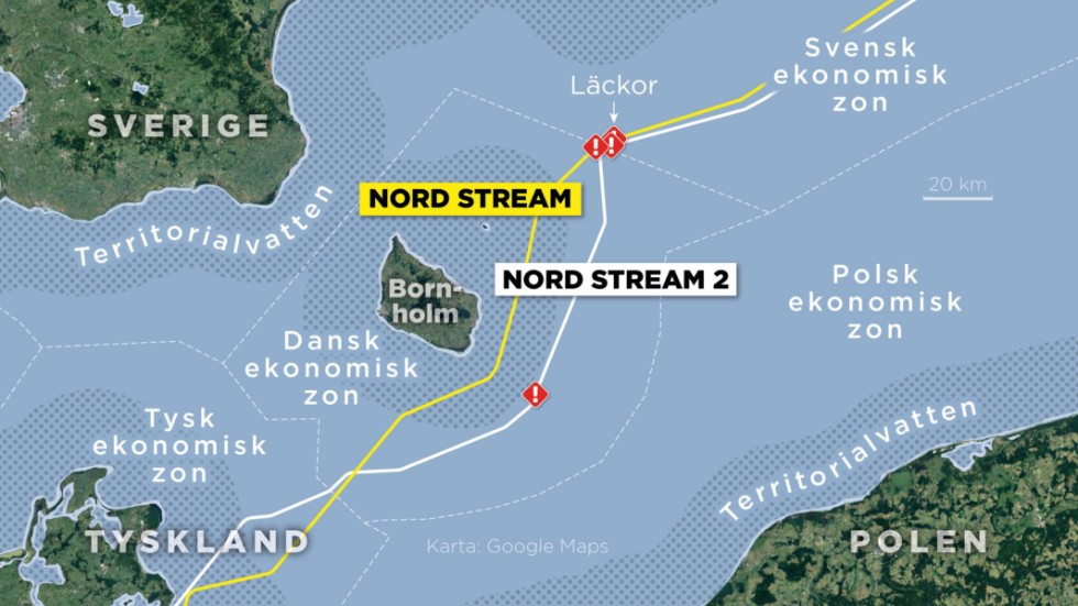 Kartan visar de fyra läckorna på gasledningarna Nord Stream och Nord Stream 2 samt ekonomiska zoner och territorialvatten.