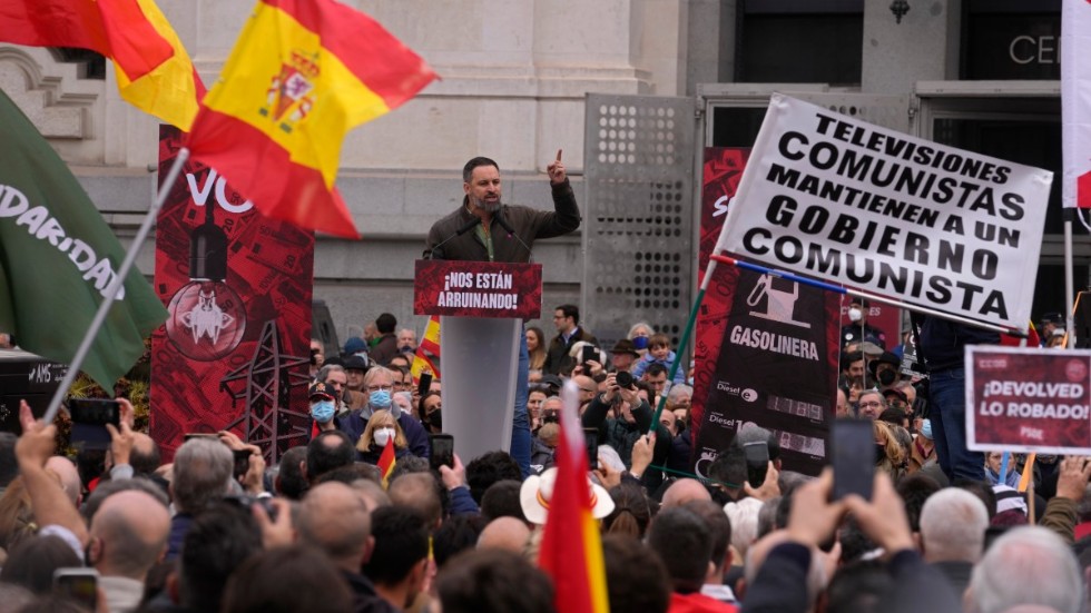 Vox partiledare Santiago Abascal under ett tal i Madrid. Arkivbild.