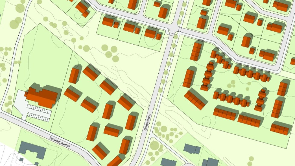 Här syns området längst i söder där det föreslås radhus, förskola och hyreshus.