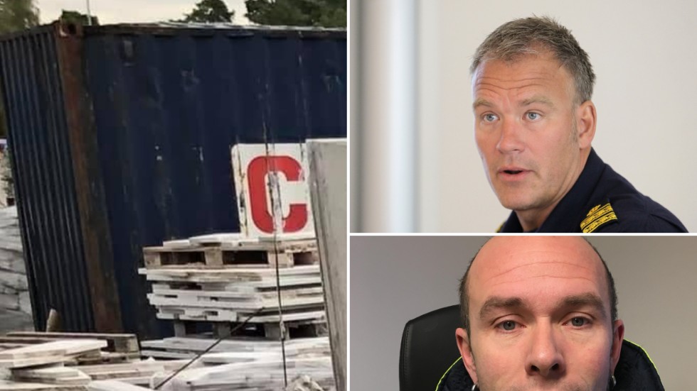 Mats Östman, vid polisen på Gotland, och Oskar Broström, företagaren, om att containern stulits. 