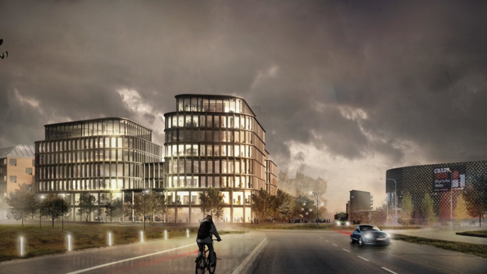 Vaksalagatan mot centrum med den planerade nya bebyggelsen till vänster, Gränby centrum till höger. Exakt utseende bestäms senare.