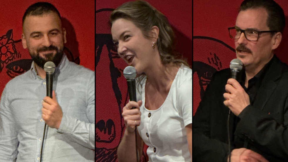 Diyari Mahmoud, Elin Almén och André Wickström på Revolver comedy club på Hotell Statt:s stora konferenslokaler i Katrineholm.