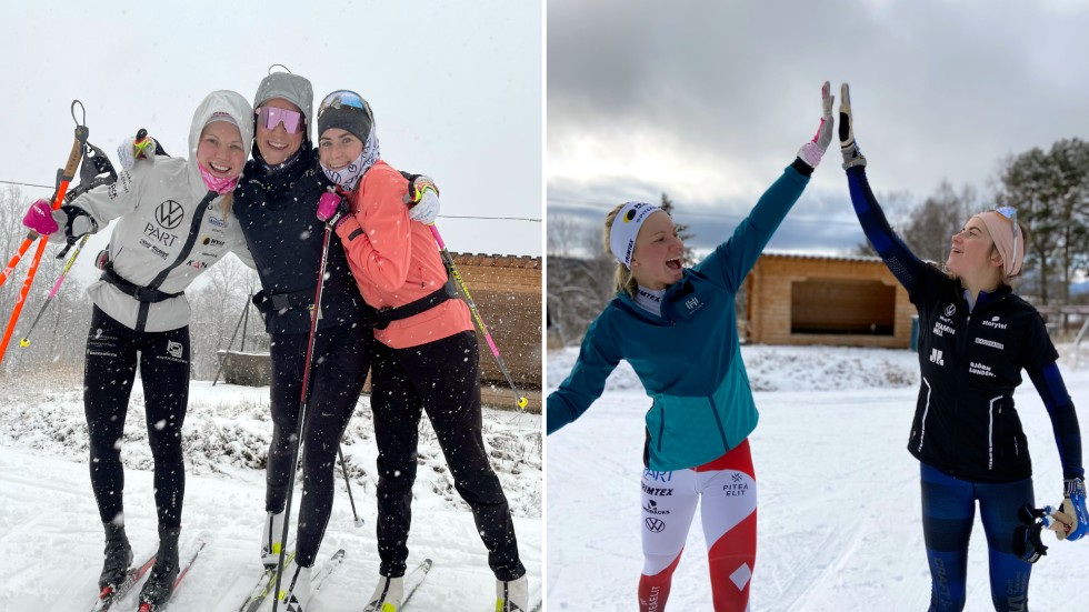 Emma Ribom berättar att det har varit fina dagar i Vålådalen. "Det kom till och med nysnö, så ett tag var del även vitt utanför spåren". På bilderna syns även Moa Lundgren och Ebba Andersson.
