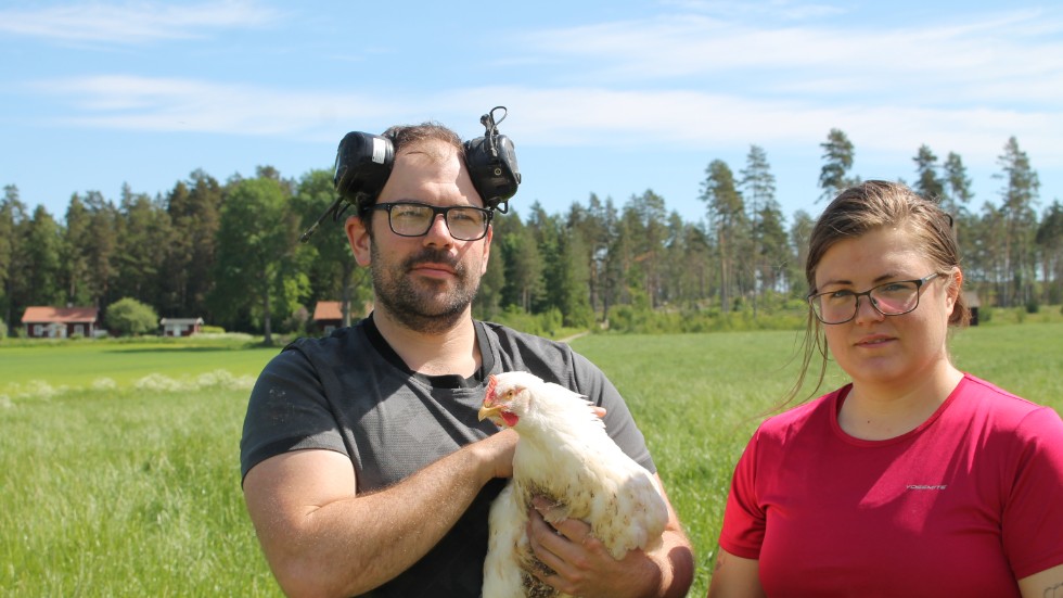 Fredrik Pihl och Lovisa Ferlin har fött upp kycklingar sedan 2019. Snart planeras ett bygge av ett eget slakteri på gården.