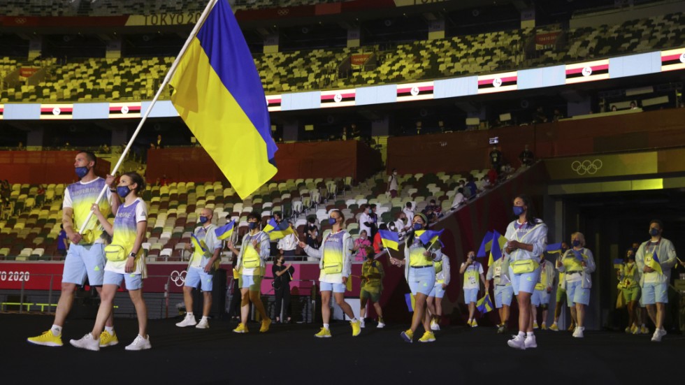 Ukrainas OS-trupp under invigningen av Tokyo-OS 2021. Arkivbild.
