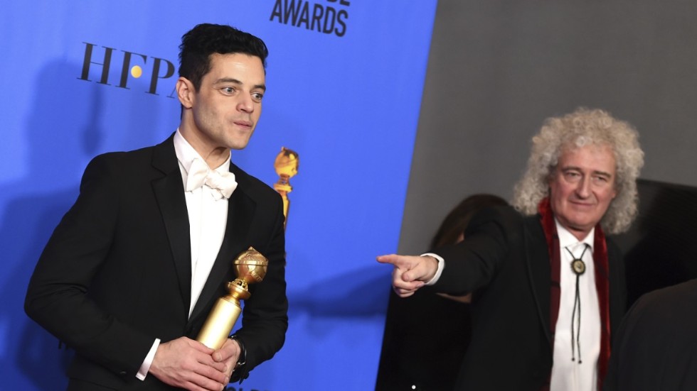 Rami Malek och Brian May på Golden Globe-galan 2019, där Malek tog hem priset för bästa huvudroll i en dramafilm, för sin roll som Freddie Mercury i "Bohemian rhapsody". Arkivbild.