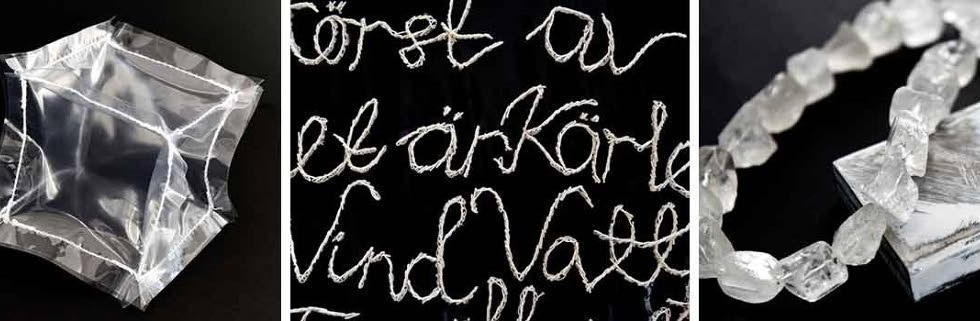 Detaljer från "Naked No. 1" (kub och broderad text) och "Wintersong" (bergskristall och stål).