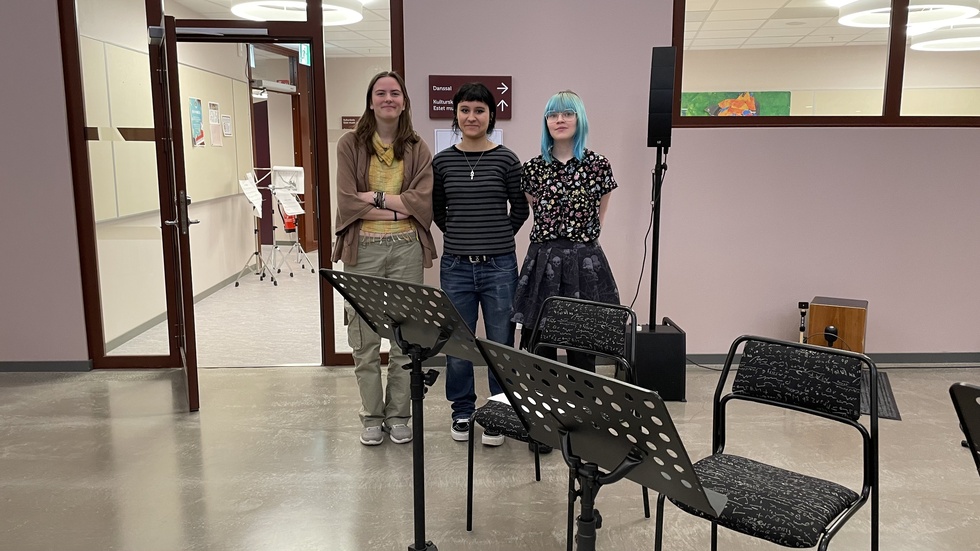 Emilia Brändström, Maja Costa Sjöström och Sebastian Pekkari visar upp sin skola, och underhåller med sång och musik.