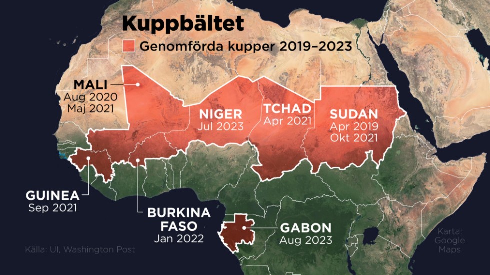 Kartan visar de länder i Afrika där kupper genomförts under åren 2019–2023.