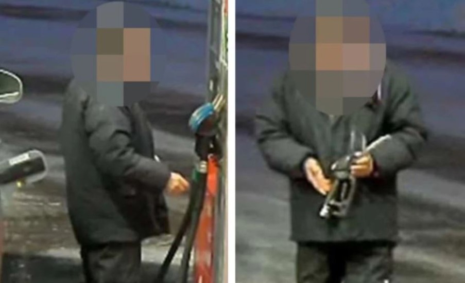 Den 78-årige mannen filmades av en övervakningskamera när han tankade bilen. (Bilderna är hämtade ur förundersökningen.) 