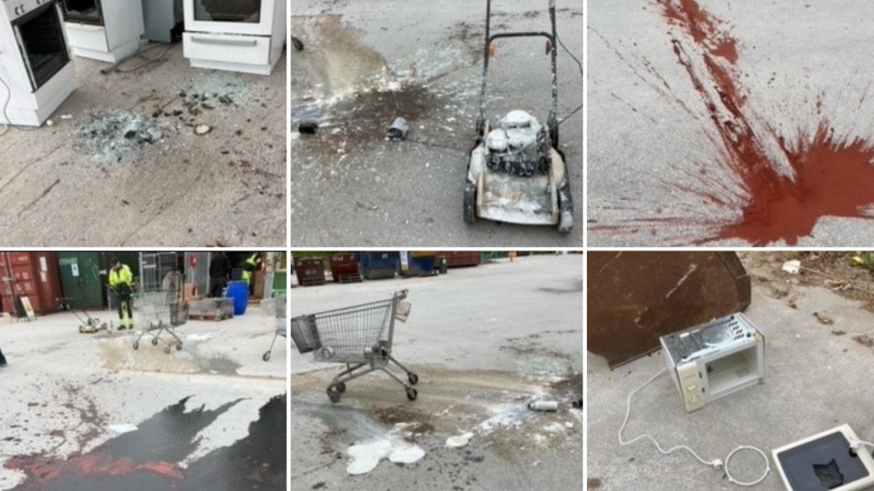 Ett kollage med teknikförvaltningens egna bilder på skadegörelsen.