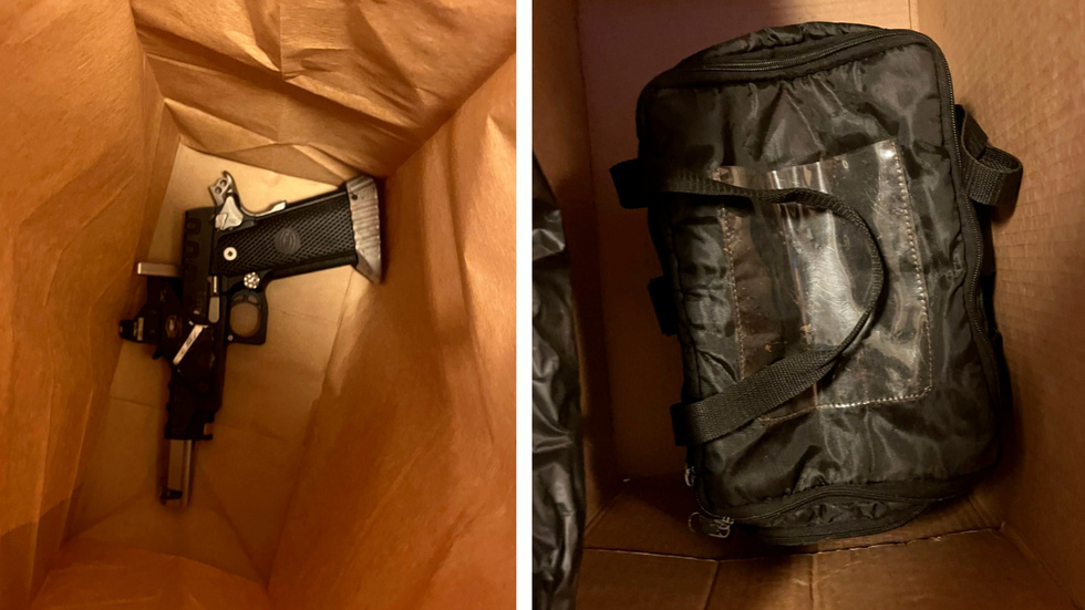 I en kylväska i ett förråd hittade polisen en skarp pistol. (Bilderna är hämtade ur förundersökningen.) 