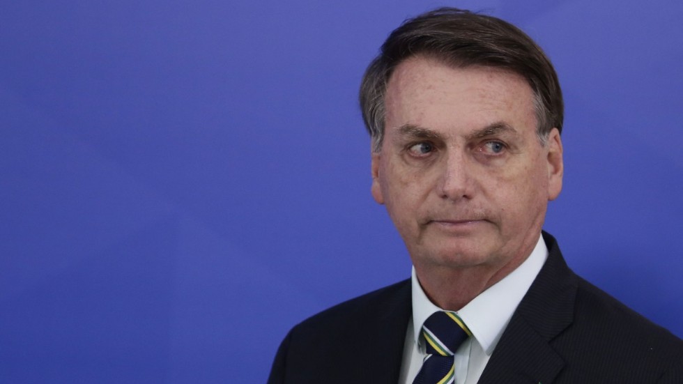 Brasiliens president Jair Bolsonaro vid en presskonferens i förra veckan. Arkivbild.