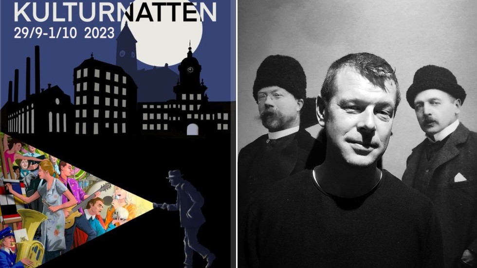 

Affischen "Nattvandraren" för Kulturnatten 2023. Konstnären Ola Niklasson, här lekfullt kaxigt fotograferad framför en bild av Carl Larsson och Anders Zorn, är upphovsmannen. 