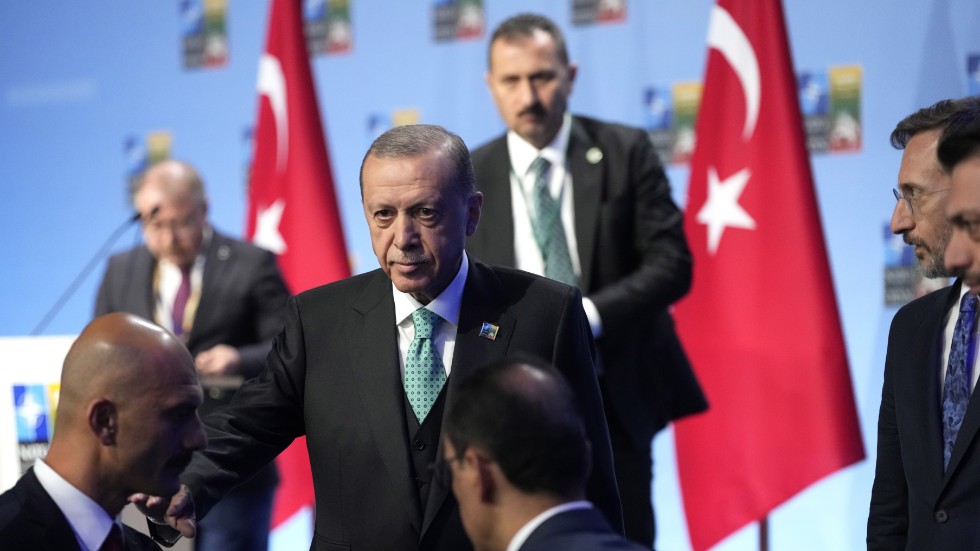Turkiets president Recep Tayyip Erdogan lämnar onsdagseftermiddagens pressträff i Vilnius.