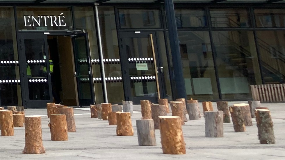På tisdagen kunde förbipasserande se stubbar utanför Sara kulturhus.