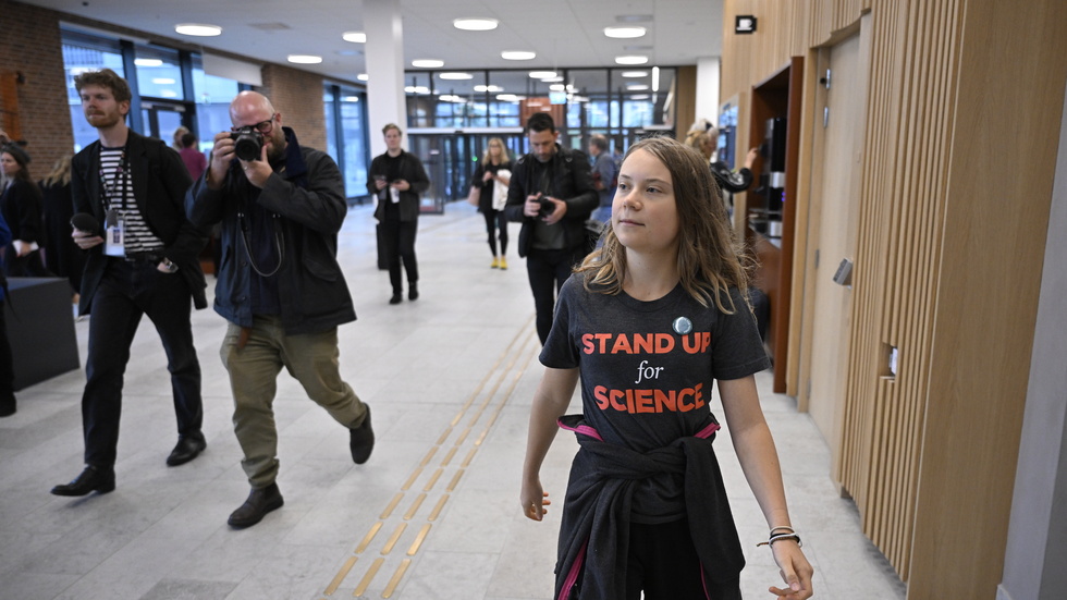 Klimataktivisten Greta Thunberg i Malmö tingsrätt på onsdagen.