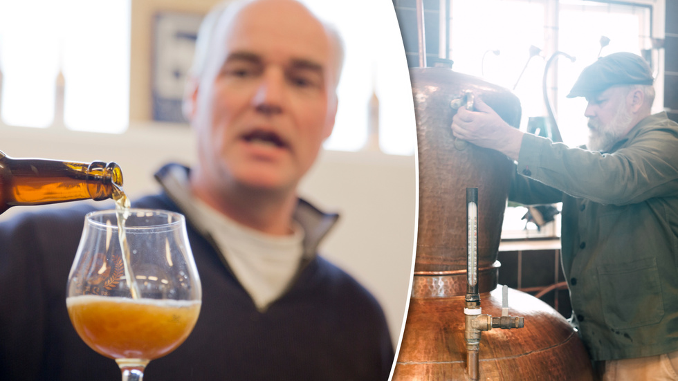 I stället för att hälla ut öl skickar flera bryggerier sina slattar till Boge bränneri. Till vänster har vi Olof Eklind från Burgsviks bryggeri och till höger Truls Nanneson. 
