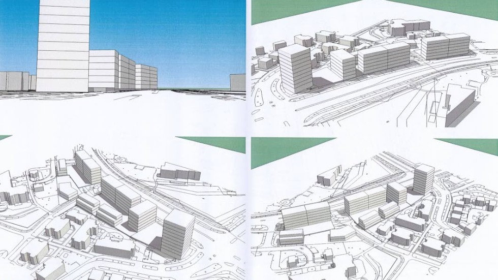 Djurgårdsgatan. Stångåstadens första skisser innehåller hus på 2, 3, 6 och 10 våningar.