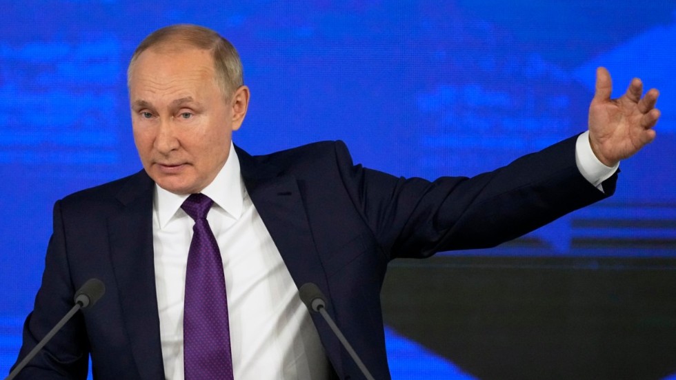Rysslands president Vladimir Putin under sin årliga presskonferens i Moskva.