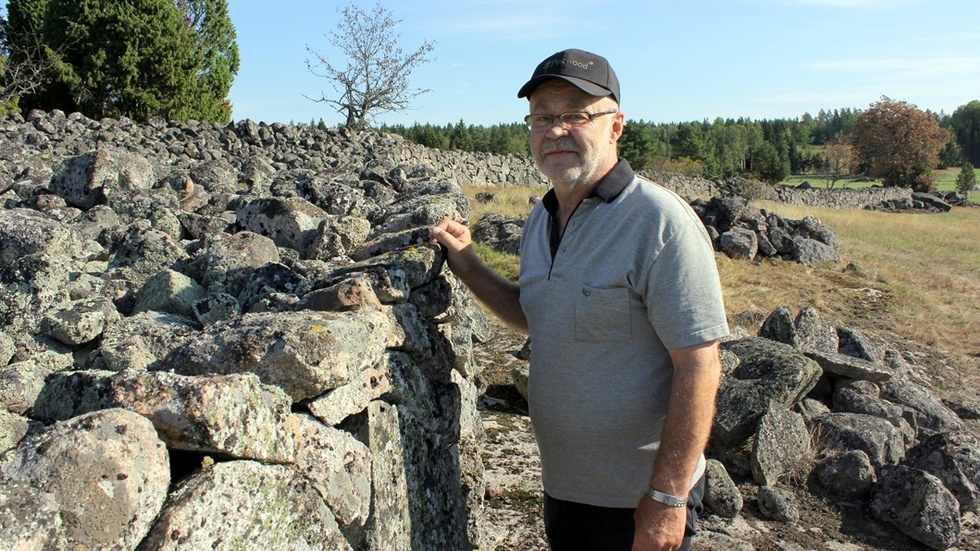 Örjan Christiansson imponeras av de äldre stenarbeten som finns på hans åkrar på gården Dalby utanför Hjorted. Men vem som lagt alla stenmurar vet han däremot inte. Foto: Lena Dahlberg