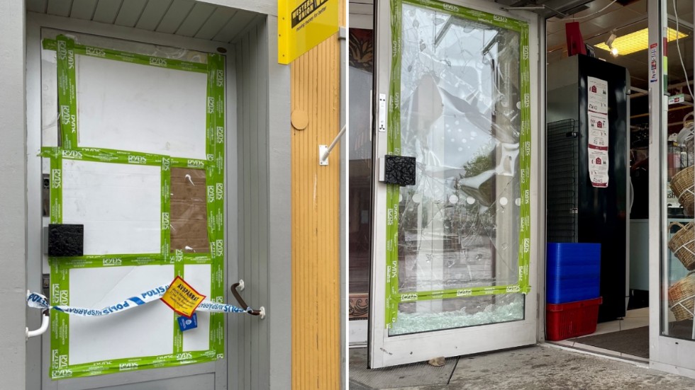 Till vänster butiken på Drottninggatan som hade inbrott under natten mot tisdagen. Till höger Livshörnan, som drabbades i slutet av maj. 