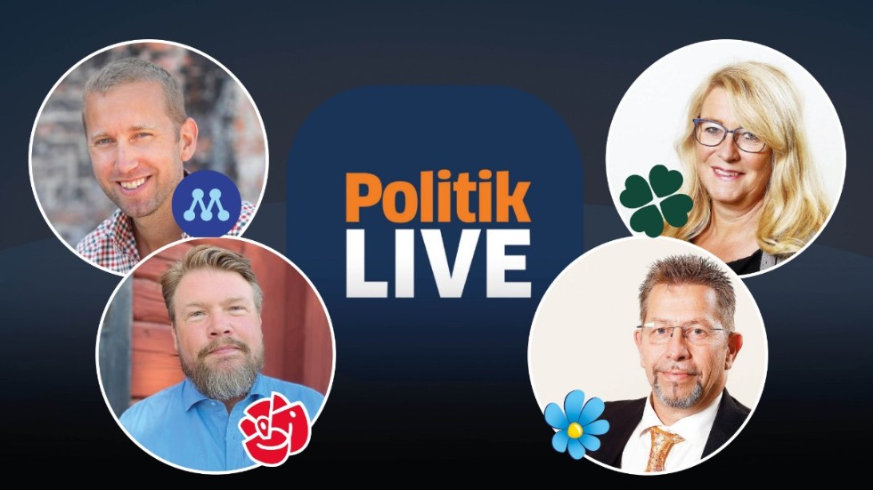 Livedebatt mellan Strängnäspolitikerna Jacob Högfeldt (M), Anders Härnbro (S), Maria Nerby (C) och Björn Karlsson (SD).