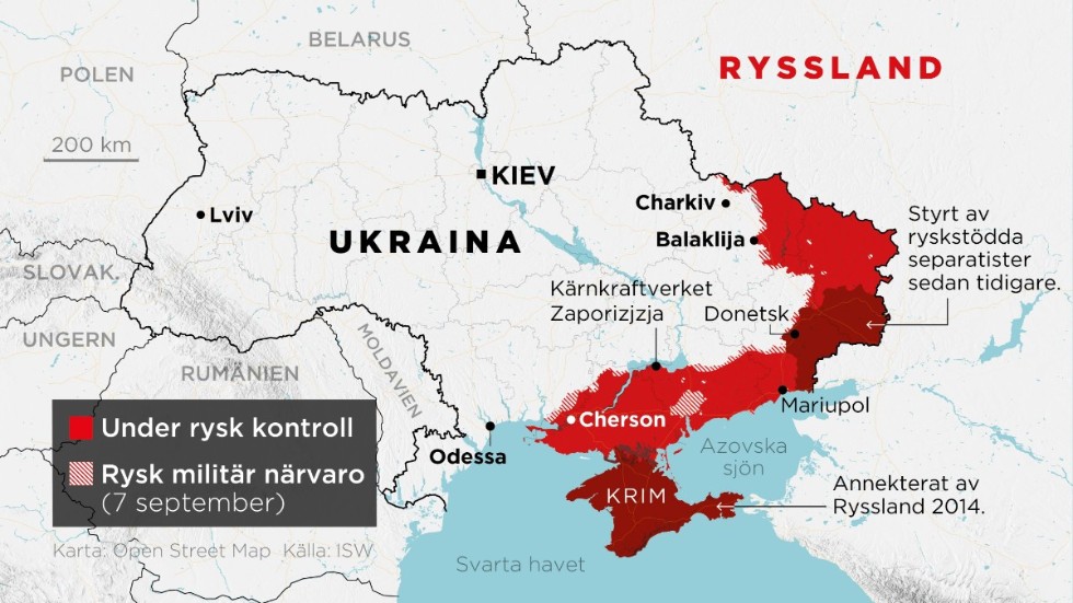 Områden under rysk kontroll samt områden med rysk militär närvaro 7 september