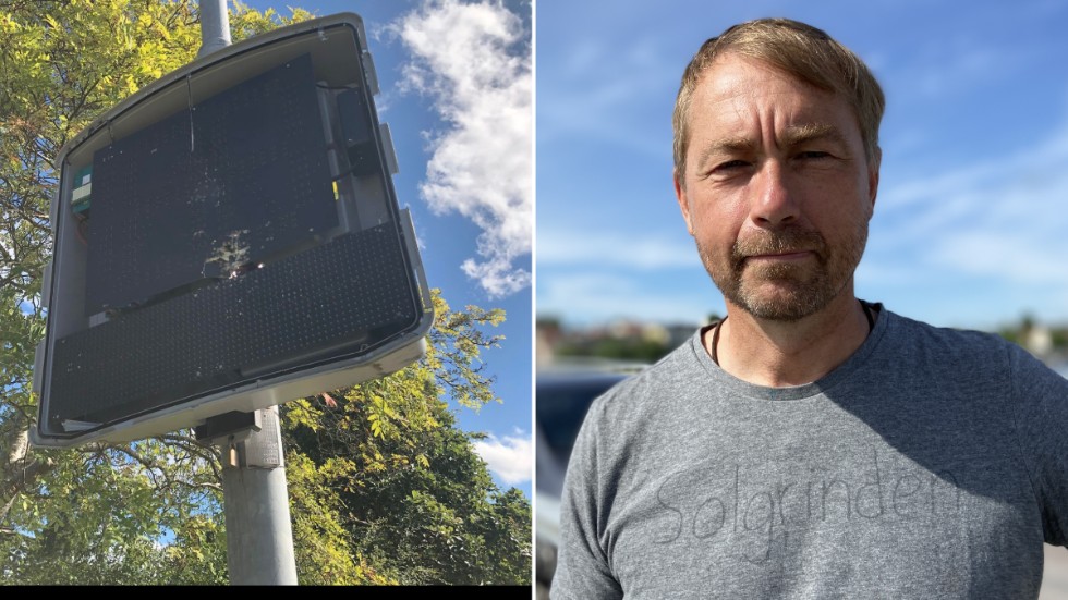 David Noreen har plockat ner den vandaliserade farttavlan. Kommunen saknar pengar för att ersätta den under innevarande år.
