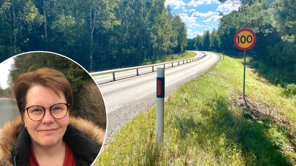 Maria Dryselius, projektledare på Trafikverket, förklarar att riksväg 55/56 söder om Strångsjö snart ska få ny beläggning.