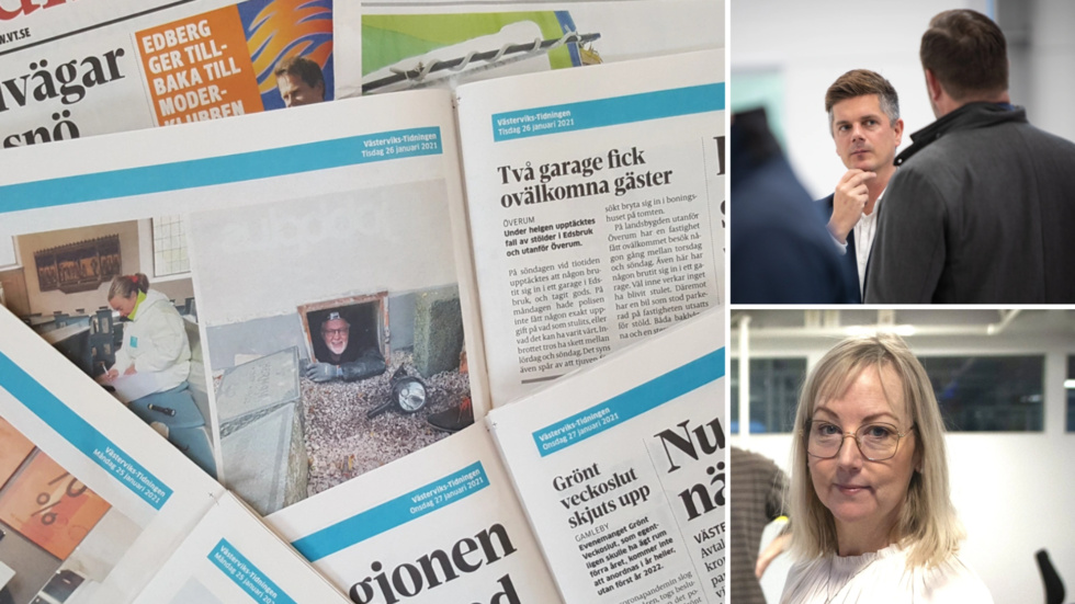 Västerviks-Tidningens papperstidning kommer att komma ut tre istället för sex dagar. På bilden Mattias Ternstedt, vd Svensk hemleverans, samt Maria Kustvik, publicistisk chef NTM.