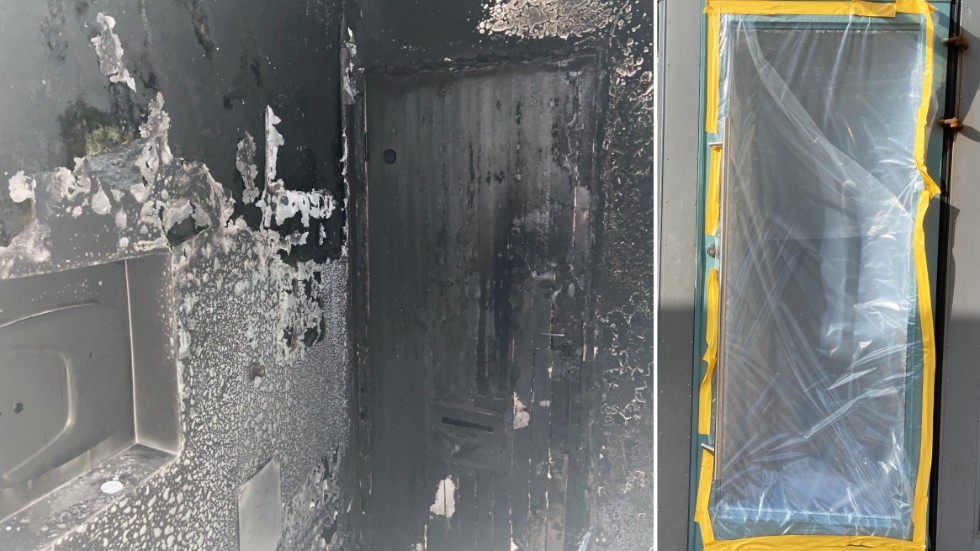 Branden var explosionsartad, berättar ett vittne. På söndagsförmiddagen är trappuppgången fortfarande sotsvart och väggar och dörrar är brandskadade. För att komma in i en av trappuppgångarna har gärningsmännen troligen krossat fönstret på en entrédörr för att ta sig in.