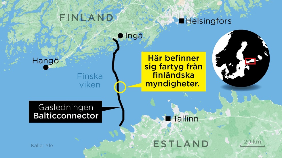 Kartan visar sträckningen längs botten av Finska viken för gasledningen Balticconnector.