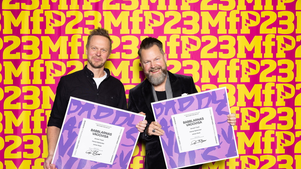 Johan Rask och Hans Sjölander tog emot diplom för årets mest spelade låt under 2022 på galan Musikförläggarnas pris. Pressbild.