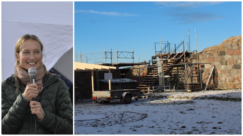 Sofia Hjertqvist berättar om arbetena i slottsruinen.