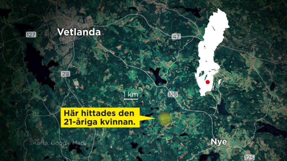 Skogsområdet söder om Vetlanda där den 21-årige kvinnan hittades.