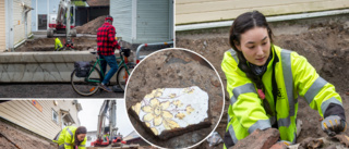 Historiska fynd hittade i centrala Nyköping – se klipp ✓Arkeologen visar ✓Finkakel från 1700-talet ✓Medeltida ölglas