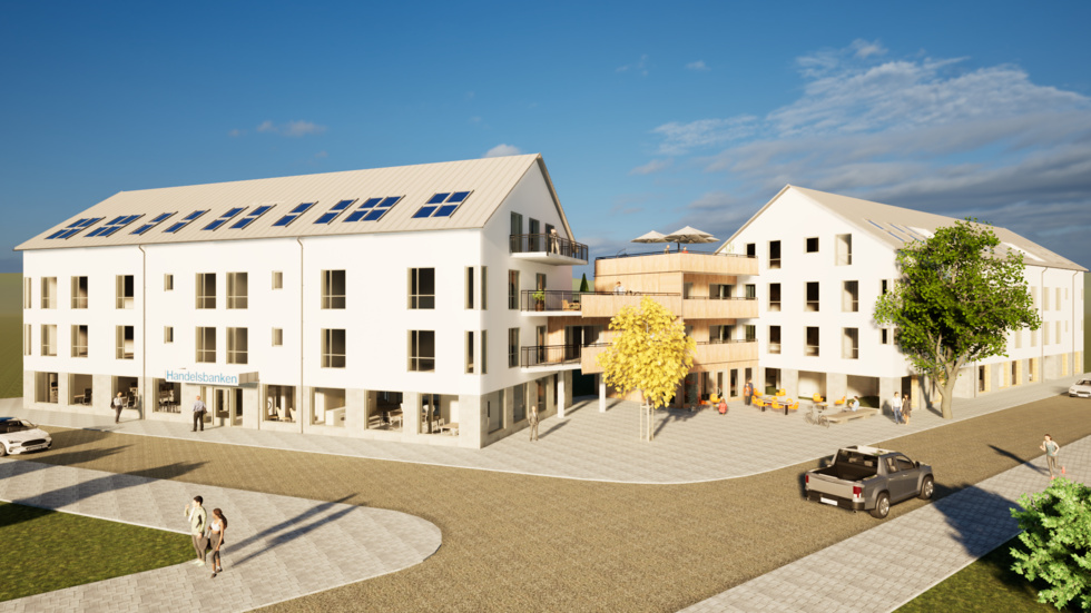 En illustration över hur de nya byggnaderna ska se ut. Här ska bland annat Handelsbanken öppna kontor.