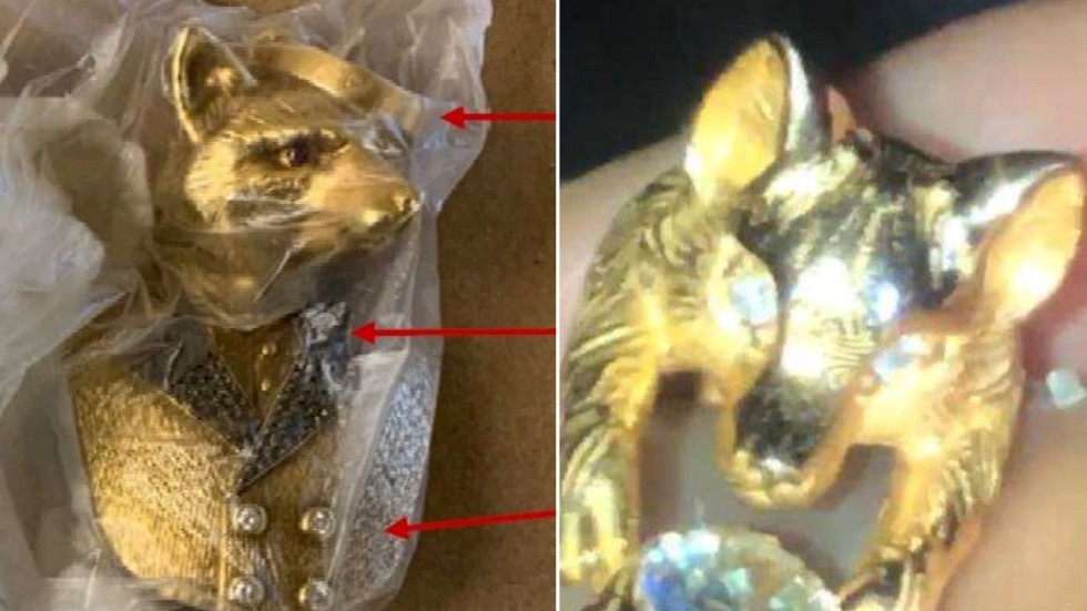 Ett smycke som ska ha tillhört Räven. Till höger en så kallad rävring som används av misstänkta kumpaner till Räven. Smycket har likheter med den silverfärgade ring som tidigare såldes av Acne Studios.