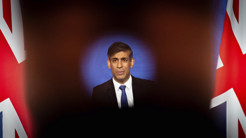 Storbritanniens premiärminister Rishi Sunak under torsdagens presskonferens.