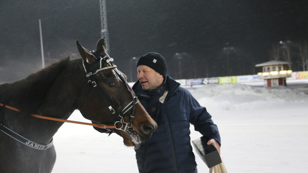 Tränaren Petri Salmela var på strålande humör sedan hans 4-årige Jamie Sisu lekt hem femte raka segern i V64-1 på Bodentravet.