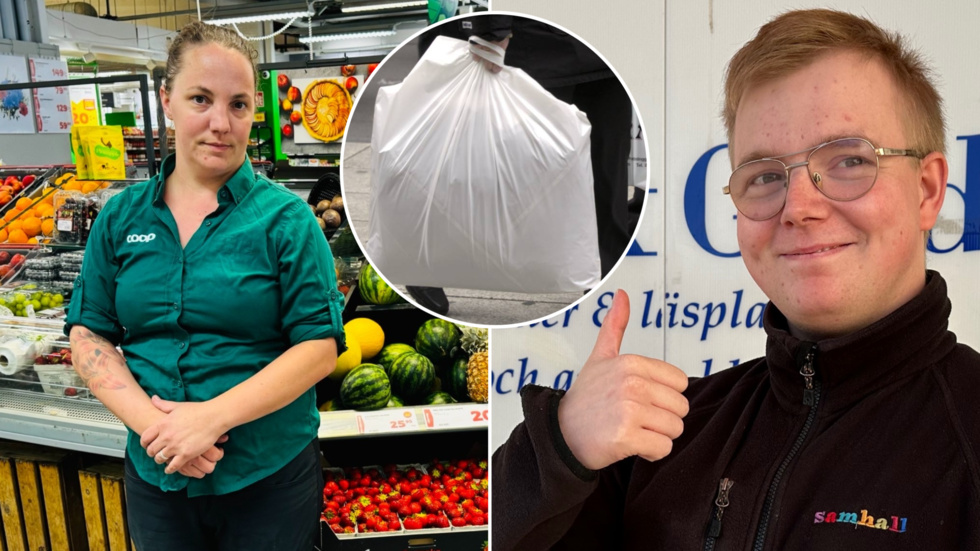 Sandra Melin, butikschef på Coop, och Kevin Karlsson.